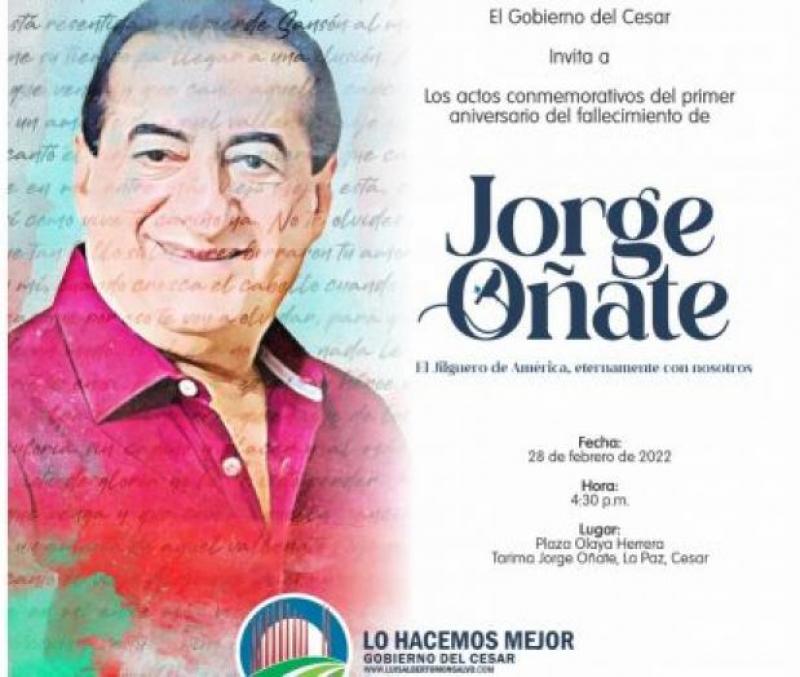 Gobernación Del Cesar Realizará Un Homenaje A Jorge Oñate En El Primer Aniversario De Su Muerte