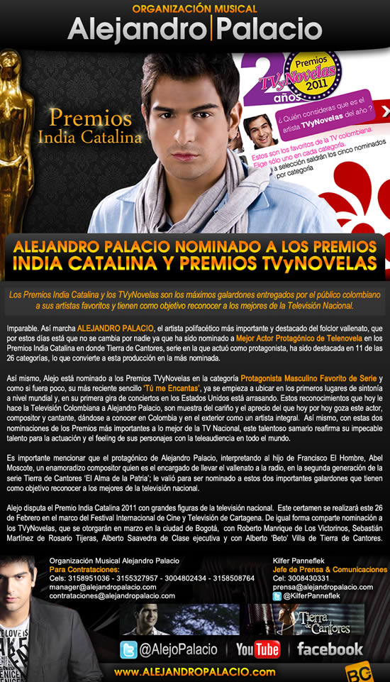 Alejandro Palacio nominado a premios