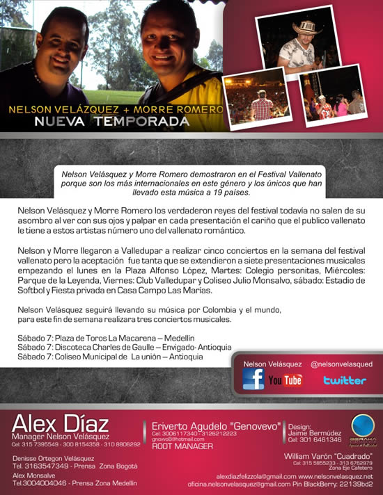 Nelson Velasquez y Morre Romero continuan sus presentaciones por Antioquia