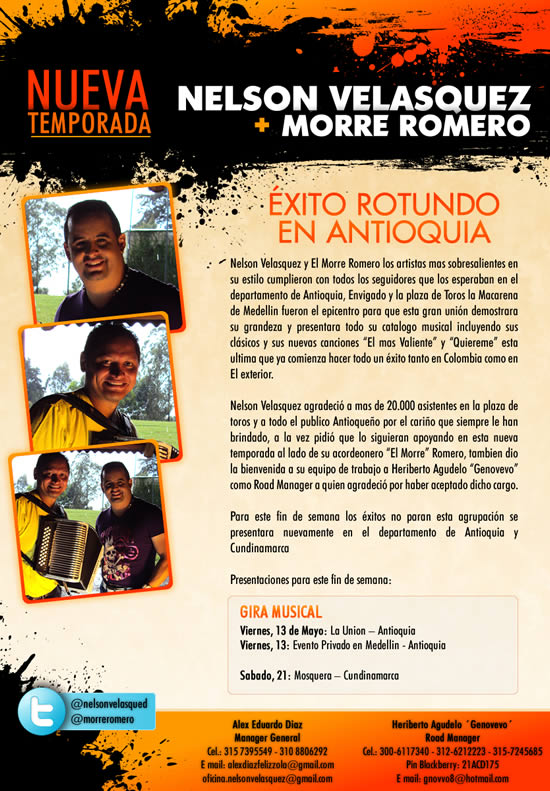 Nelson Velasquez + El Morre Romero estaran por Antioquia y Cundinamarca